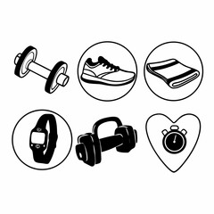 Fitness and workout icons set, hand drawn style, depicting equipment, activity, and tracking