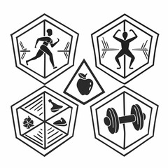 Fitness and health icons set, featuring runner, weightlifter, apple and dumbbell