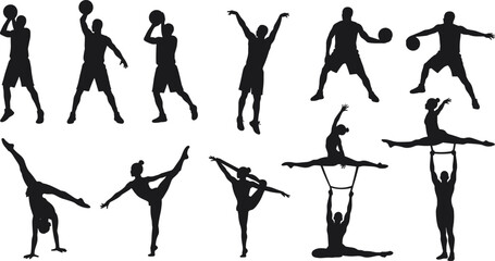 Silhouette vector illustration of athletes performing basketball actions, gymnastics poses, acrobatic stunts, fitness exercise, stretching, balance, flexibility, sports training, performance, teamwork