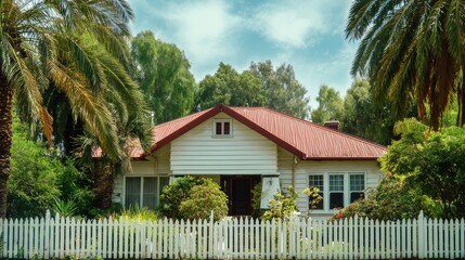 Cozy house with vibrant roof and garden, conveying comfort and tradition, great for advertisements or storybooks.