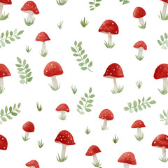 Red mushroom and fern pattern on black background