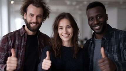 Three diverse colleagues giving enthusiastic thumbs up with cheerful smiles celebrating success in a bright modern office environment