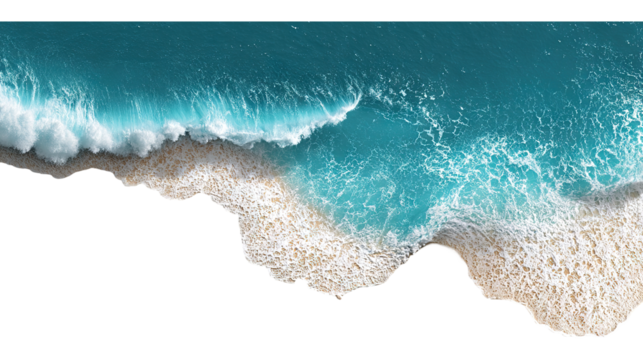Aerial view of ocean waves crashing isolated on transparent white background, clipping path