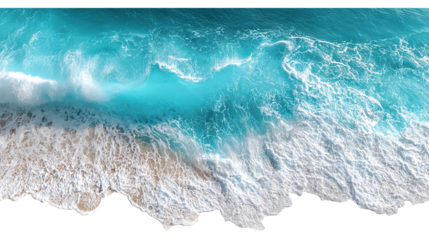 Aerial view of ocean waves crashing isolated on transparent white background, clipping path