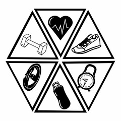 Fitness and health icons in a hexagon shape, representing a healthy lifestyle