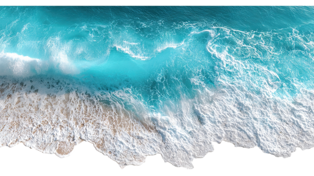 Aerial view of ocean waves crashing isolated on transparent white background, clipping path