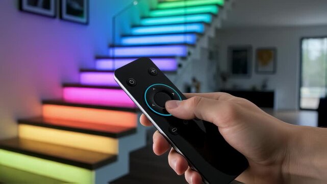 Programmable LED stairriser lights changing hues with remote control perfect for customizable staircase atmosphere in modern homes.