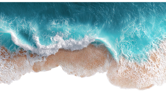 Aerial view of ocean waves crashing isolated on transparent white background, clipping path