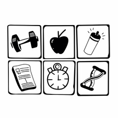Fitness icons, including dumbbell, apple, bottle, document, stopwatch, and expander