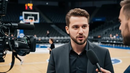 A journalist interviews a man in a suit with a microphone in front of a basketball court and camera