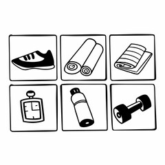 Fitness equipment icons shoe, towel, bottle, clock, dumbbell, yoga mat
