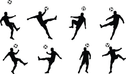 Silhouette vector illustration of soccer players performing football actions, kicking, juggling, dribbling, ball control, athletic movement, sport activity, training, competition, team game desig