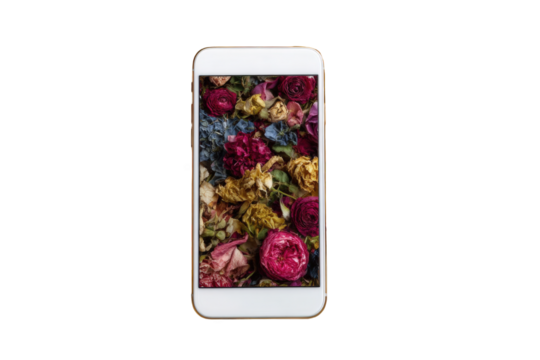 White smartphone displaying dried flowers