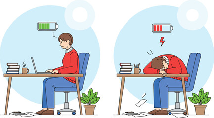 Man working at desk, feeling energetic and tired, full battery and low battery icons, productivity, burnout, fatigue, motivation, work-life balance, office stress © Creatives Selim