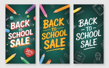 Back to school sale banners with colorful pencils and chalkboard background