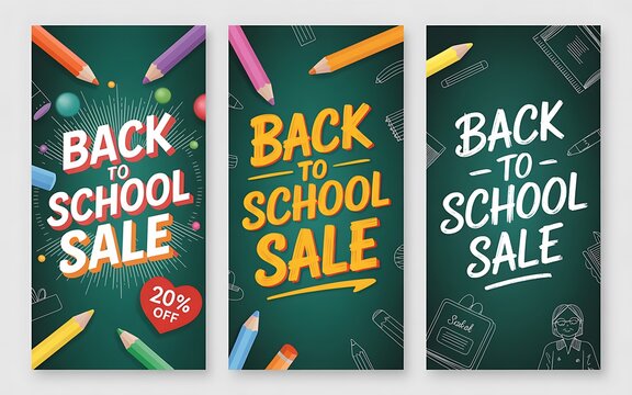 Back to school sale banners with colorful pencils and chalkboard background