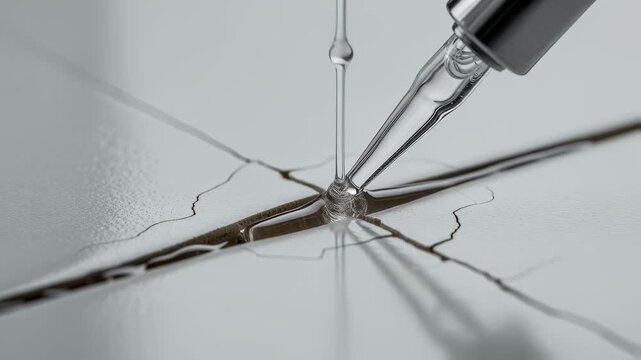Macro footage showing epoxy resin infusion into a fine hairline crack on ceramic floor tile capturing detailed crack pattern and treatment.