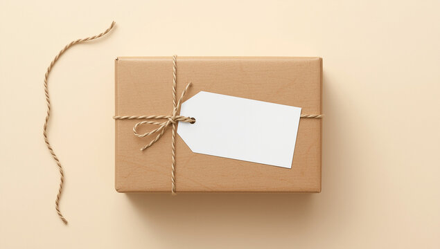 Kraft Box Wrapped with Twine and Blank Tag on Beige