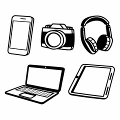 A collection of modern electronic devices, including a smartphone, camera, and headphones