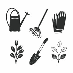 Black and white gardening tools and plants vector illustration, including watering can, rake, shovel, and gloves