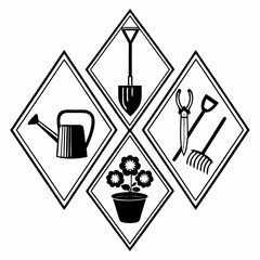 Illustration of gardening tools and plants arranged in diamond shapes
