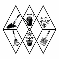 Illustration of gardening equipment and plants in triangle shapes