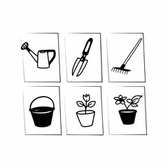 Hand drawn gardening tools set, including watering can, shovel, rake, bucket, and potted plants