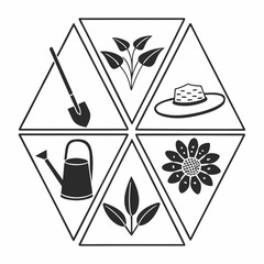 Black and white gardening icon set in hexagon shape, including shovel, watering can, hat, flower and plant
