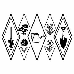 Illustration of gardening tools, plants and mushrooms arranged in diamond shapes
