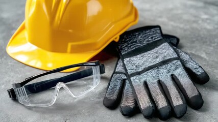 Essential safety gear including a yellow hard hat, black goggles, and work gloves on a gray surface, highlighting workplace safety.