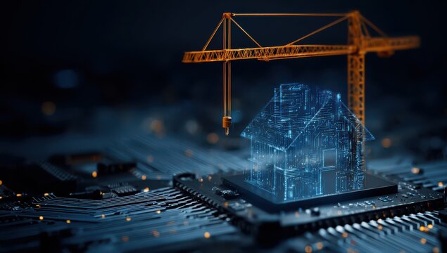 Futuristic digital construction of a smart city with a crane and glowing circuit board