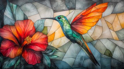 A vibrant stained-glass depiction of a hummingbird beside a red hibiscus flower, showcasing intricate colors and artistic design.
