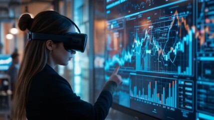 Woman using virtual reality headset for immersive financial data analysis, interacting with futuristic graphical interface. 4k video - Powered by Adobe