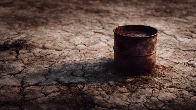 A weathered rusty barrel containing dark liquid sits on severely cracked dry earth visually representing environmental pollution and the impact of