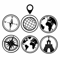 Illustration of compasses, globes, location pin, and landmark