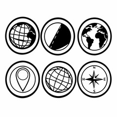 Illustration of globes, compass, location pin, and moon phase