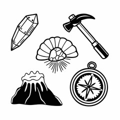 Geology and exploration icons featuring a hammer, crystal, compass and volcano