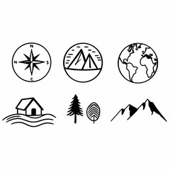 Illustration of compass, mountains, globe, house, and trees