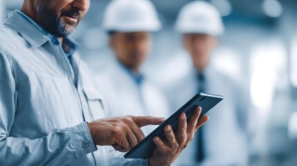 Professional engineer utilizes a digital tablet for planning and data analysis with colleagues in safety gear observing in a modern industrial