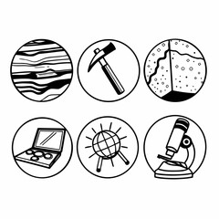 Geology and science icons showing rock, hammer, earth, microscope