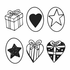 Hand drawn gift, heart and star shapes in doodle style