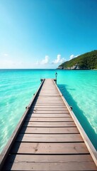 Obraz premium Serene beach dock extending into calm turquoise water, sunlit wooden planks, tranquil ocean scene, perfect for relaxation and escape , tropical, nature, wooden dock