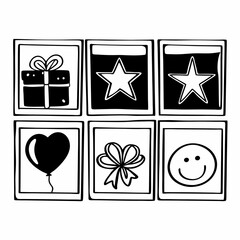 Hand drawn gift, star, balloon, bow and smiley shapes in doodle style