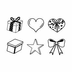 Hand drawn gift, heart, star and bow shapes in doodle style