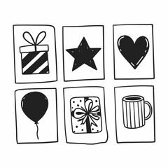 Hand drawn gift box, star, heart, balloon, and mug icons for celebration