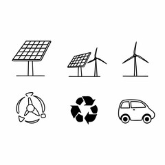 Illustration of sustainable energy and transportation, featuring solar panels, wind turbines, and electric car