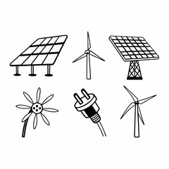 Illustration of renewable energy sources, including solar panels, wind turbines, and a flower