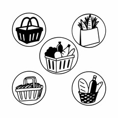 Illustration of shopping baskets with groceries, representing sustainable shopping habits