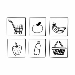 Hand drawn illustration of shopping icons, including food and shopping cart
