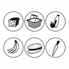 Collection of grocery icons in circles, showcasing food and shopping items